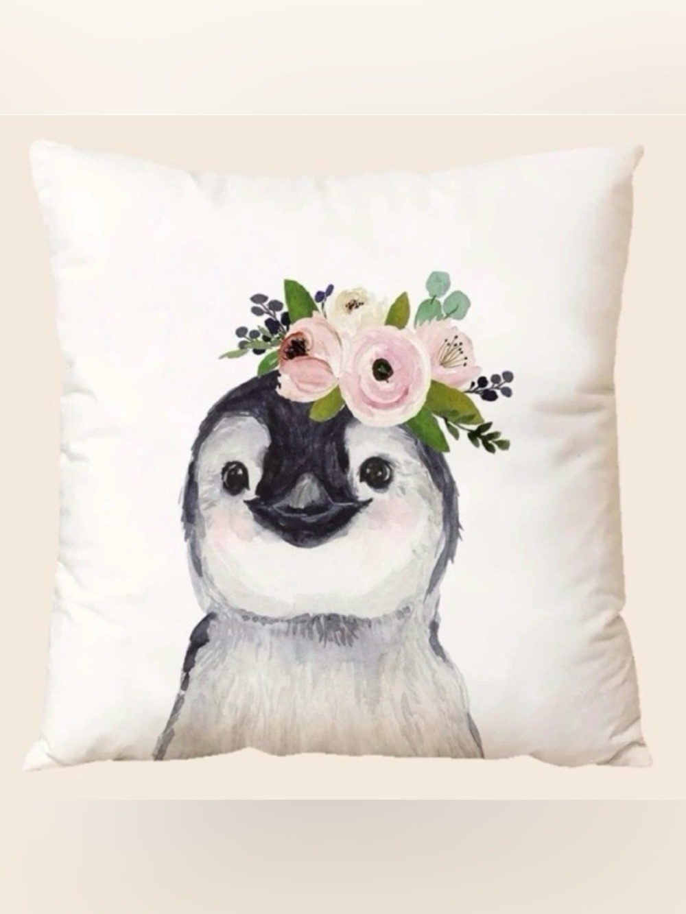 Penguin Pillow Cover 18”x18” Soft Watercolor Pink Flowers Kids Nursery NWT